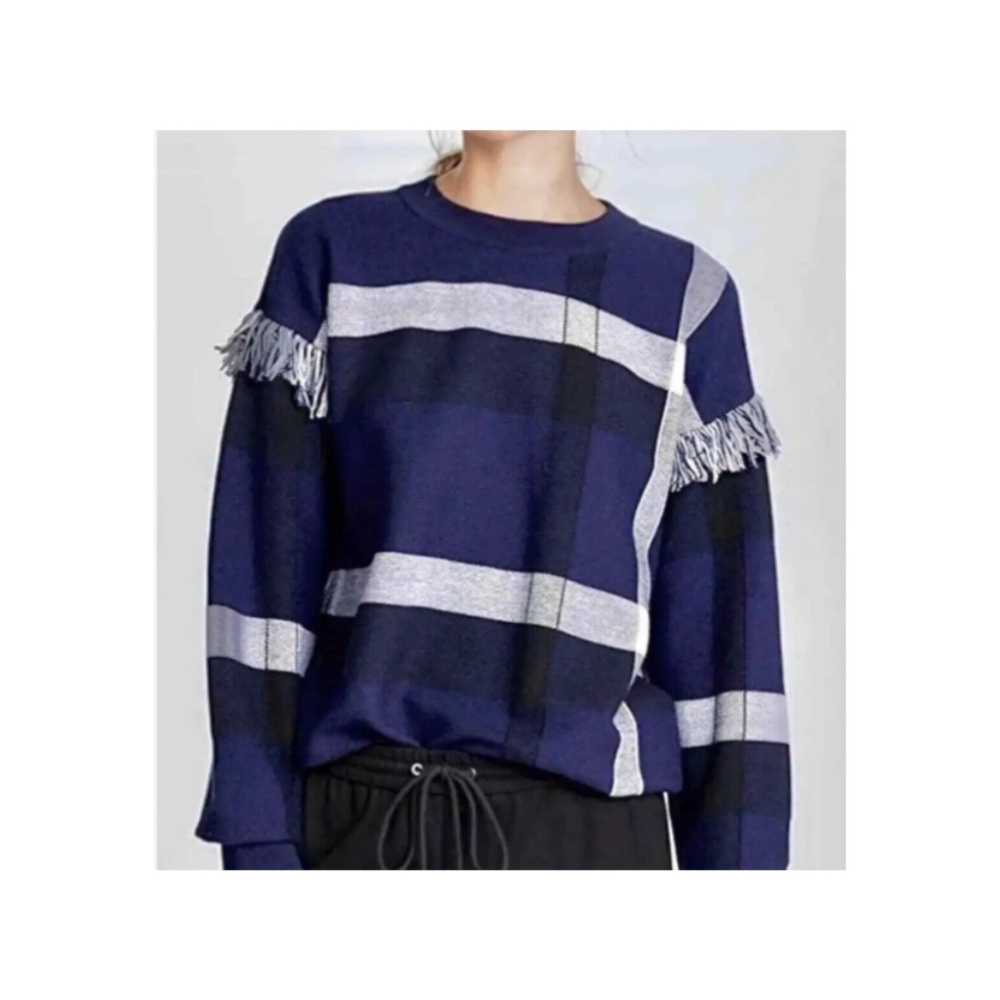 Tory Burch Gwen Blue & White Checked Wool Sweater w/ Fringe XS